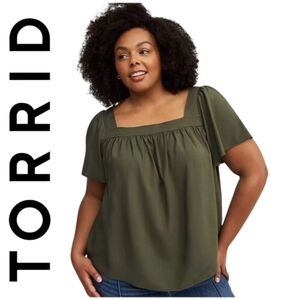 Torrid Challis Flutter Square Neckline Short Shirring Sleeve Blouse Top  Green